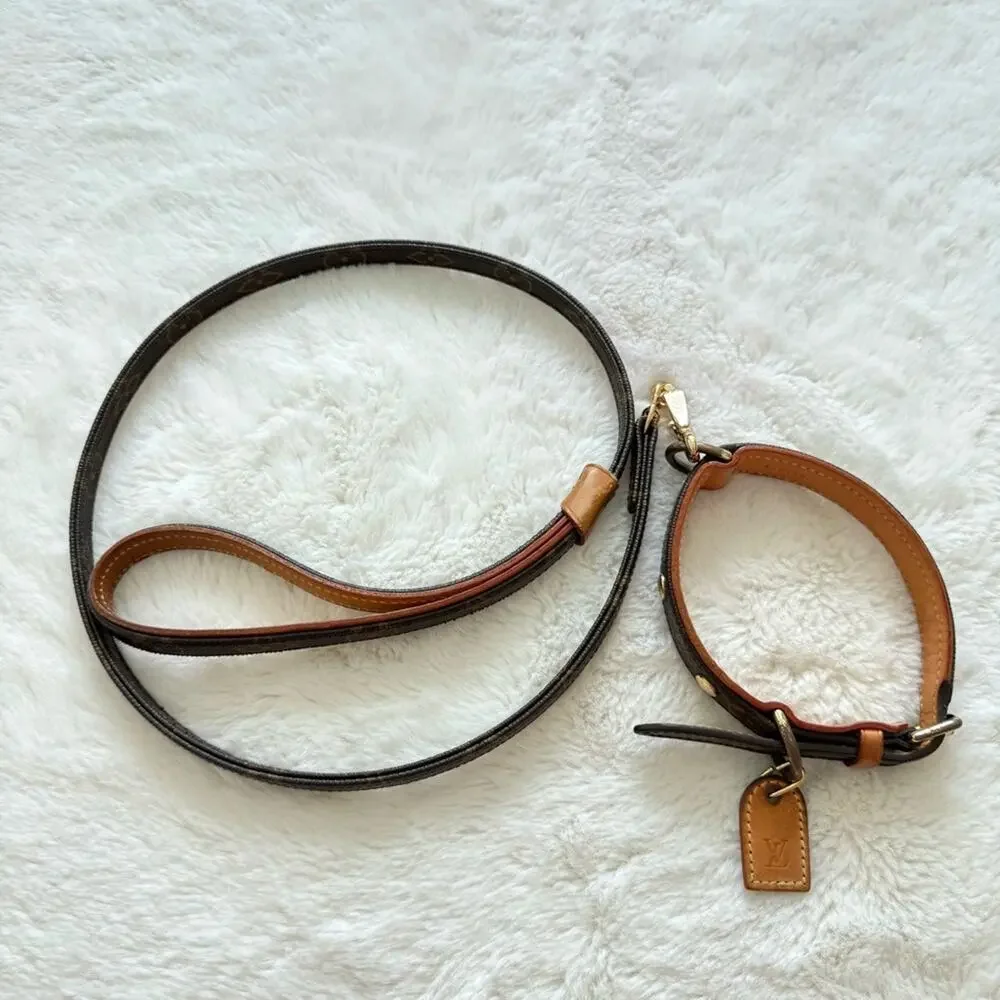 Louis Vuitton Dog Lead Monogram Brown Leather Pet Accessary Authentic